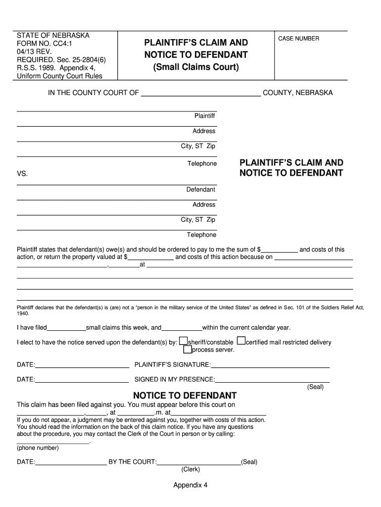 STATE of NEBRASKA FORM NO CC41 PLAINTIFF S CLAIM and    Supremecourt Ne