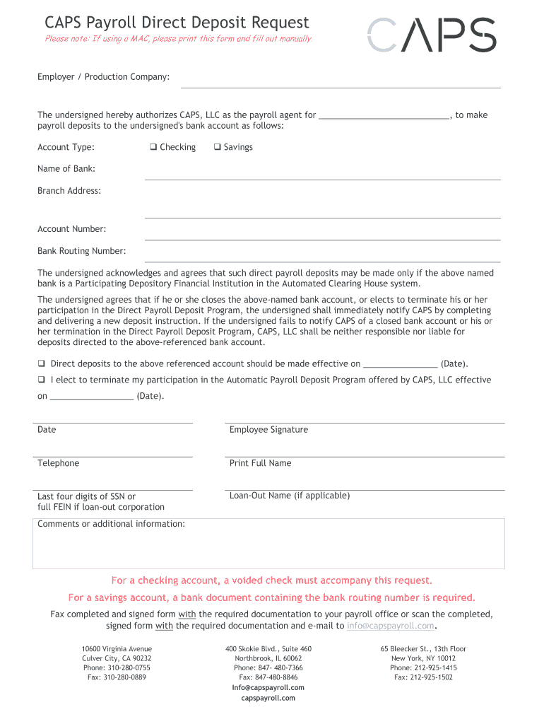 Caps Payroll Direct Deposit  Form