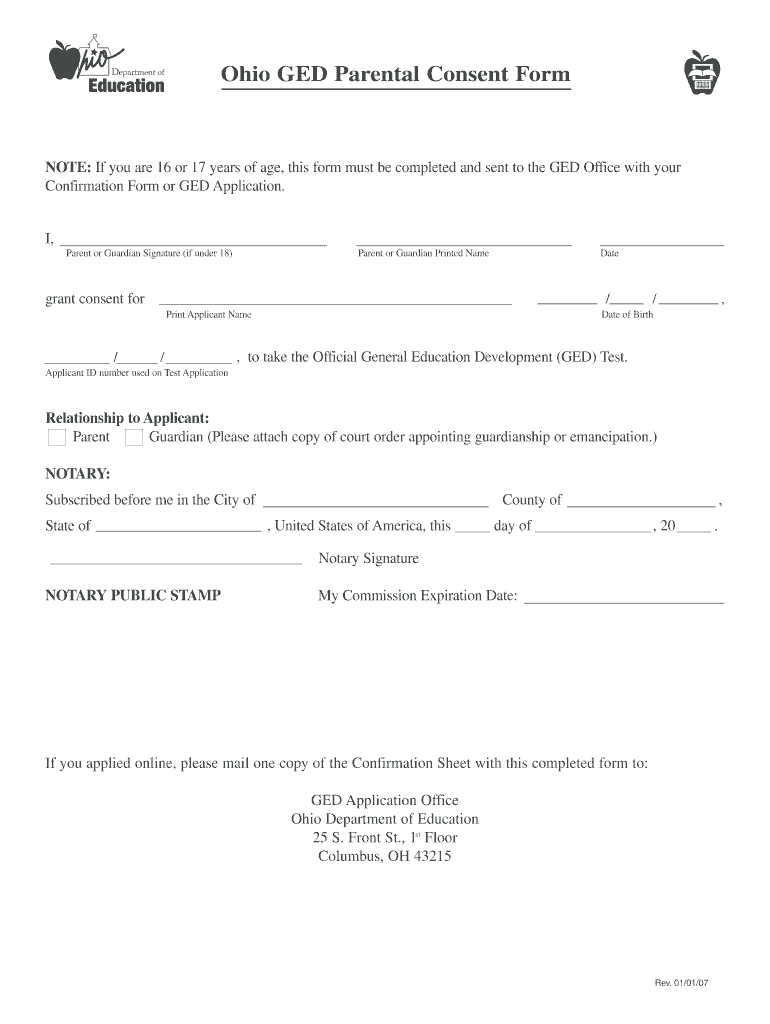  Ohio Parental Consent Form 2007-2024