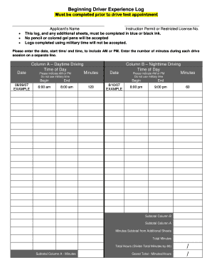 Beginning Driver Experience Log  Form