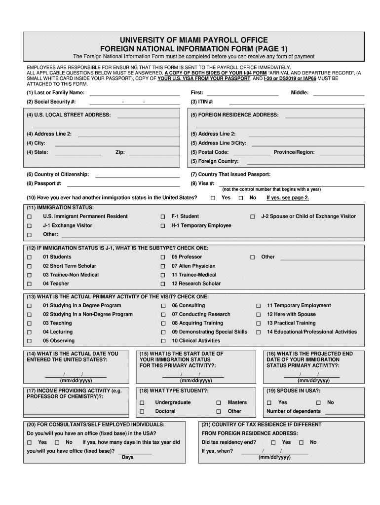 Foreign National Information Form University of Miami Umshare Miami