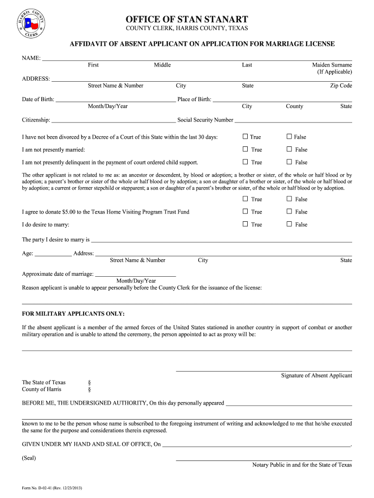  Affidavit of Absent Applicant on Application for Marriage License 2013