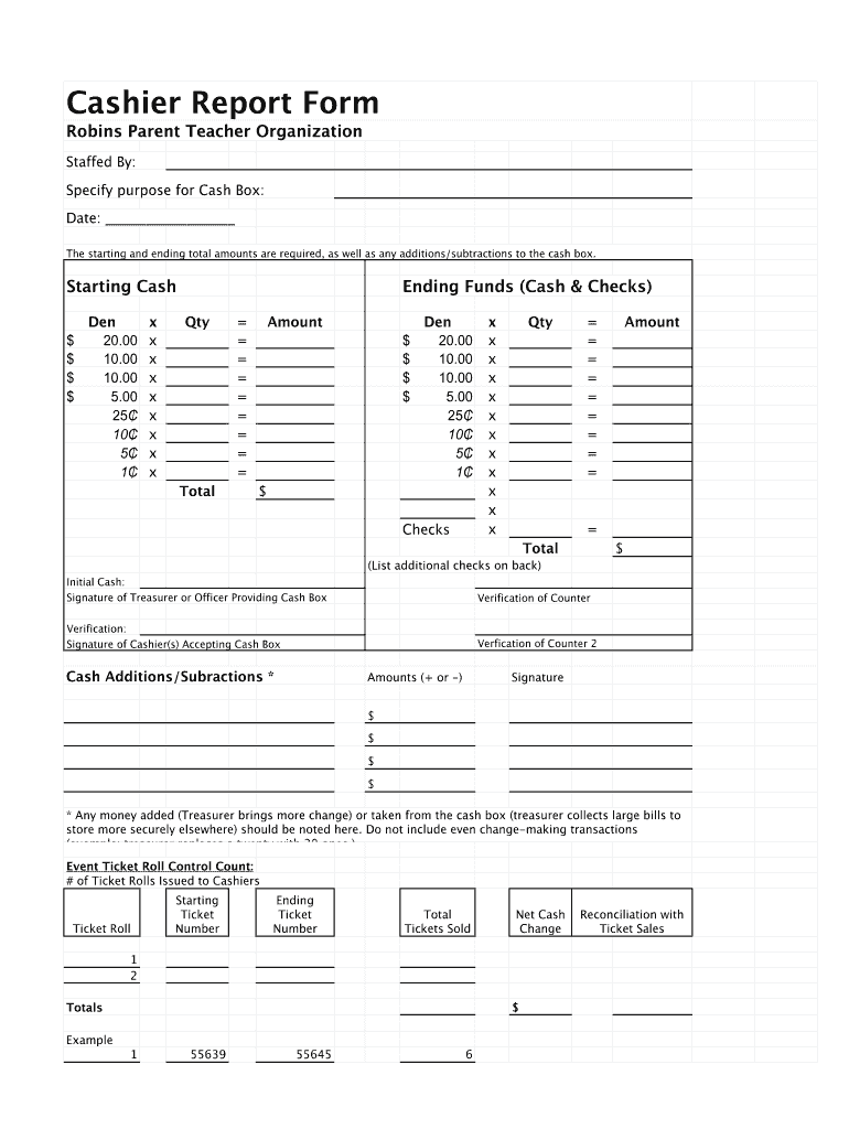 Cashier Report Template  Form