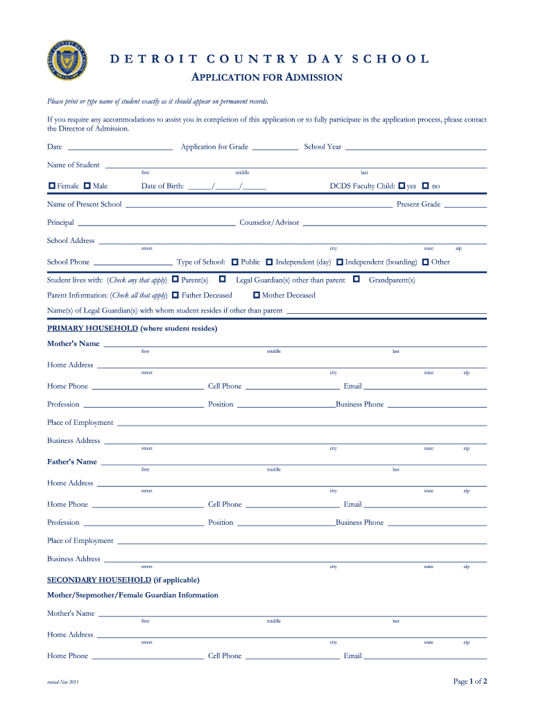  APPLICATION for ADMISSION  Detroit Country Day School  Dcds 2011-2024