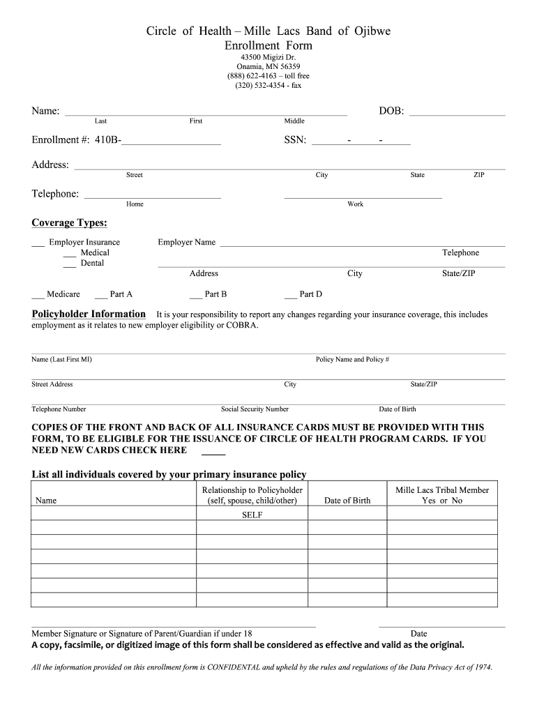 Circle of Health Mille Lacs Band of Ojibwe Enrollment Form