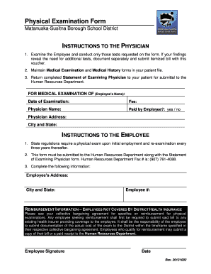 Physical Examination Form Matanuska Susitna Borough School