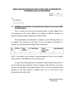 Mba Project Synopsis Sample PDF  Form