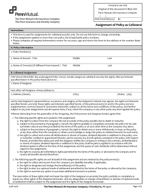 Assignment of Policy as Collateral Penn Mutual Life  Form