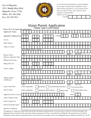 Alarm Permit Application City of Magnolia  Form