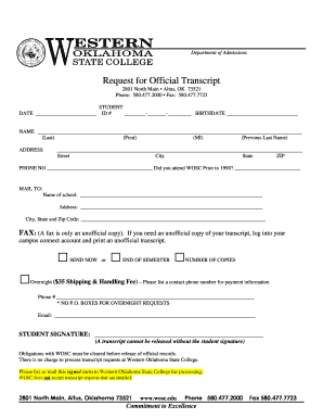 Western Oklahoma State College Transcript Request  Form