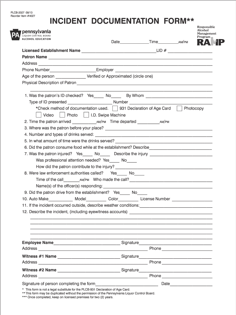  Incident Documentation Form**  Pennsylvania Liquor Control Board 2013-2024