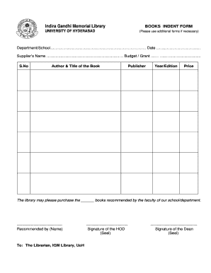 Indent Book  Form