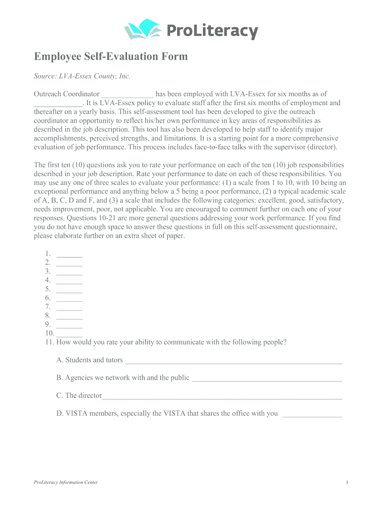 Employee Self Review Worksheet  Form
