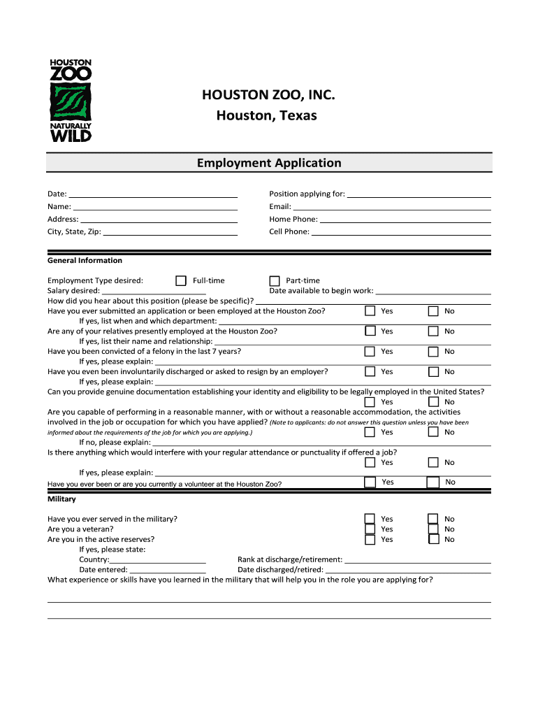 Houston Zoo Job Application  Form