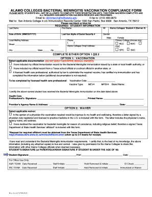 Alamo Colleges Bacterial Meningitis Vaccination Compliance Form Alamo