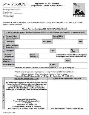 Application for U S Veterans Designator on License or Non Driver ID Dmv Vermont  Form