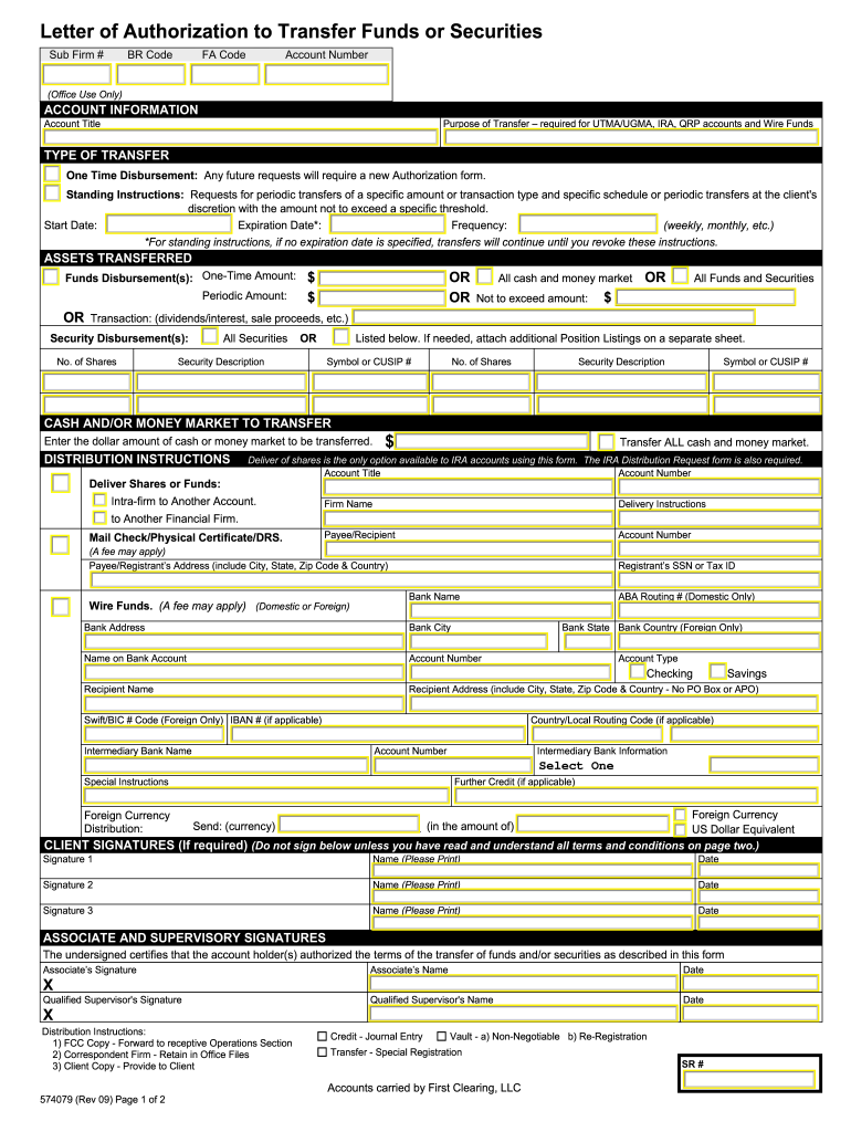 Letter of Authorization to Transfer Funds or Securities  Form