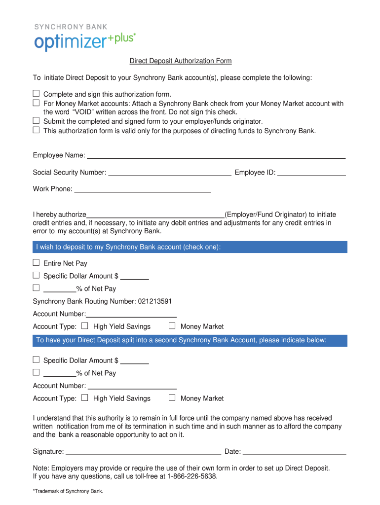 Synchrony Bank Direct Deposit Form