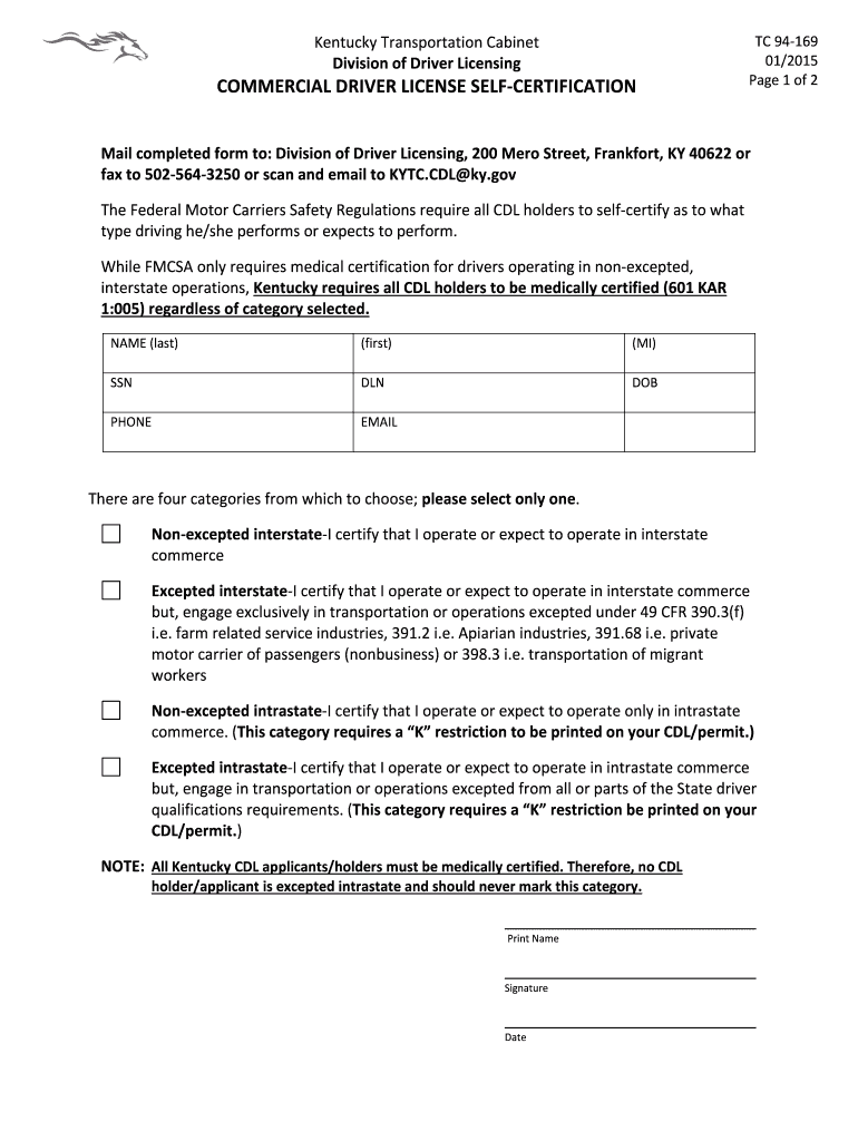  TC 94 169, Commercial Driver License Self Certification Kentucky  Transportation Ky 2012