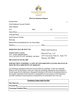 Greektown Casino Win Loss Statement ERecord Copy  Form