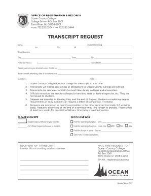 Ocean County College Transcript Request  Form