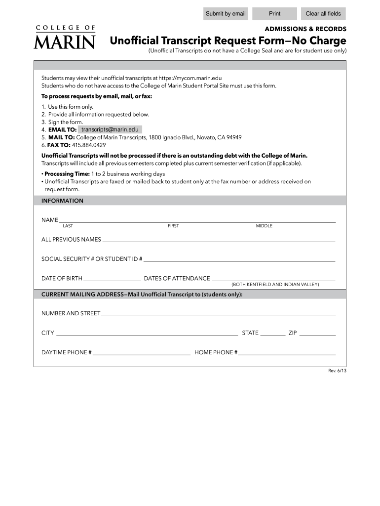 Get and Sign Order Transcrips from College of Marin 2013-2022 Form