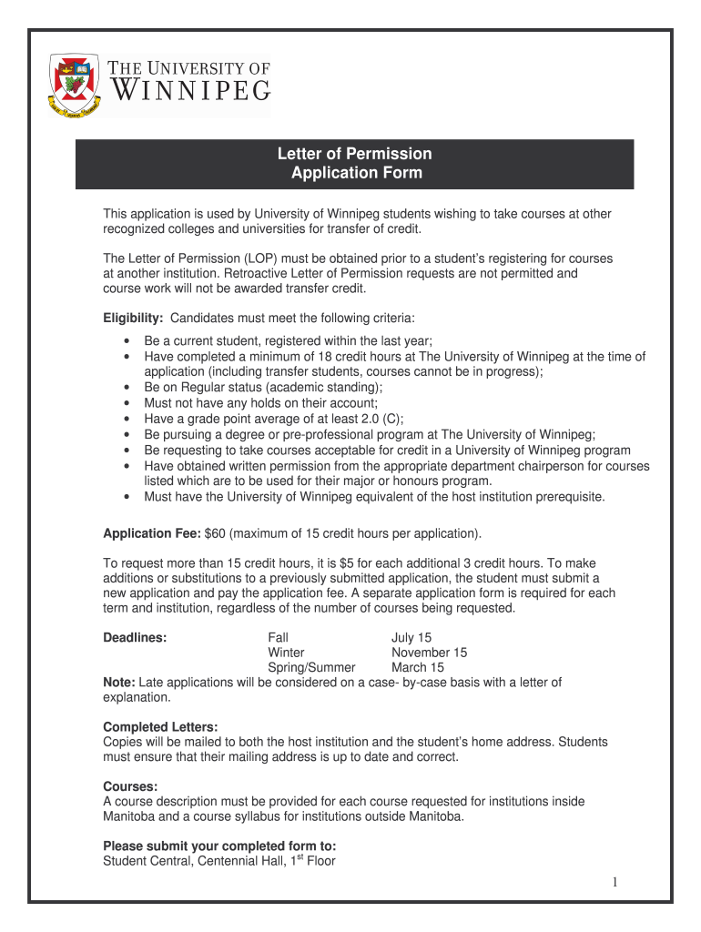 Letter of Permission Application Form University of Winnipeg Uwinnipeg
