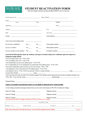 STUDENT REACTIVATION FORM Wor Wic Community College Worwic