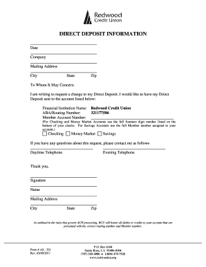 Redwood Credit Union Direct Deposit Form
