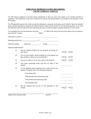 Employee Representation Regarding Use of Company Vehicle  Form