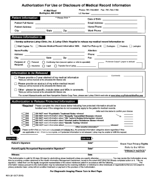 Lahey Burlington Medical Records  Form