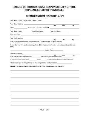 Complaint Form Board of Professional Responsibility for the