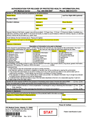  Authorization for Release of Protected Health Information PHI 2013