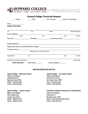 Howard College Transcript Request  Form