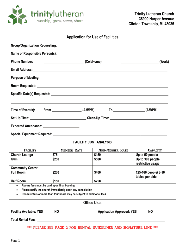 Use of Facilities Application Form Trinity Lutheran Church