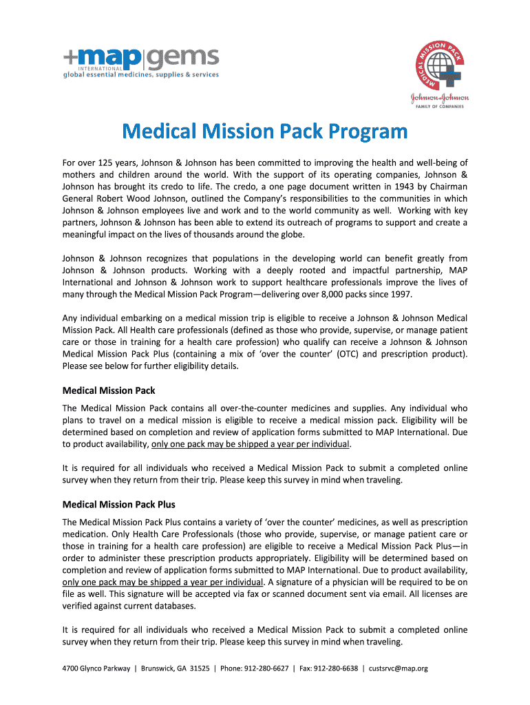 Johnson and Johnson Medical Mission Pack  Form