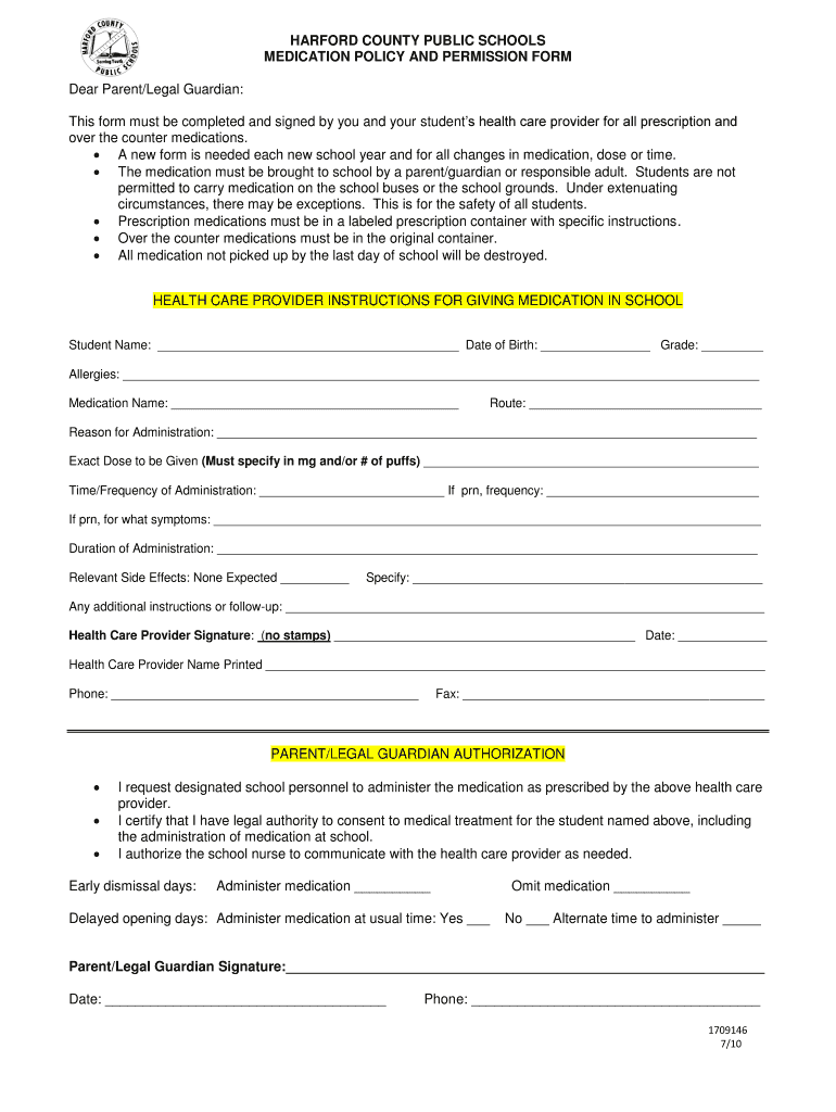 Medication Policy and Permission Form Harford County Public Hcps