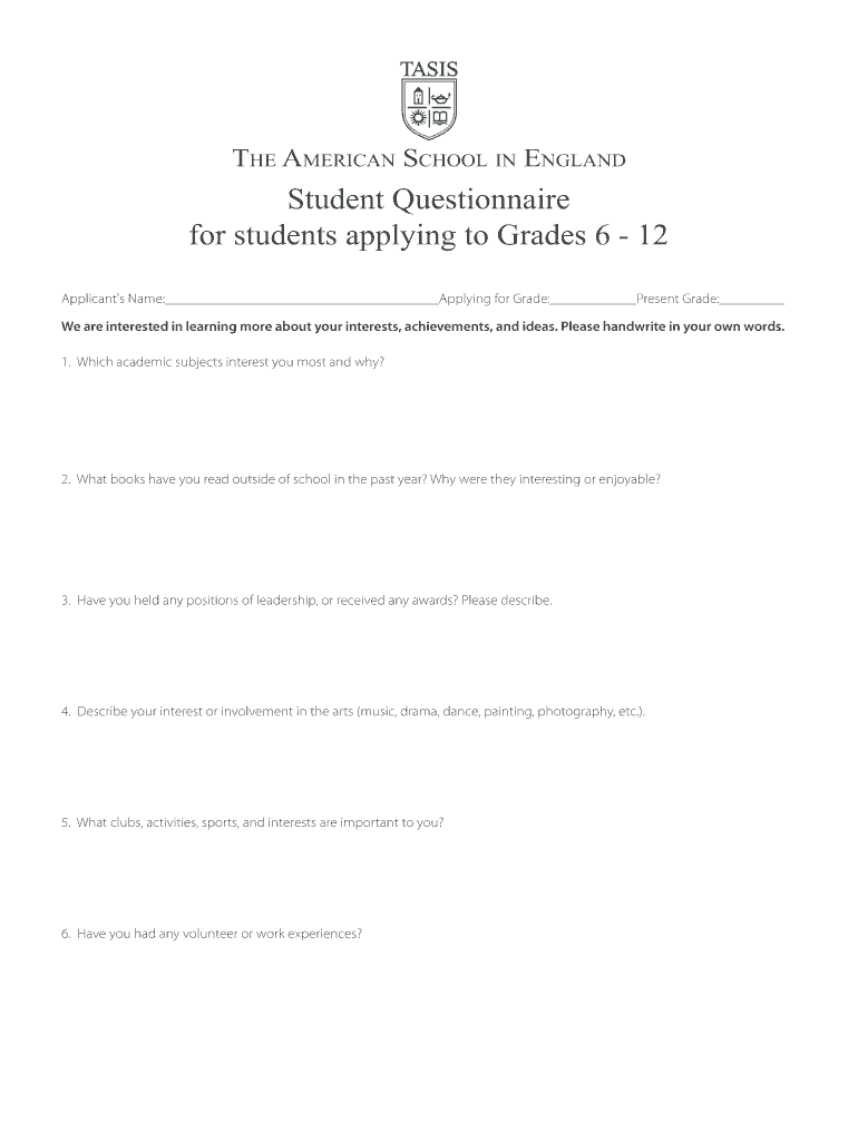 Download the Student Questionnaire in PDF Format  TASIS the Bb