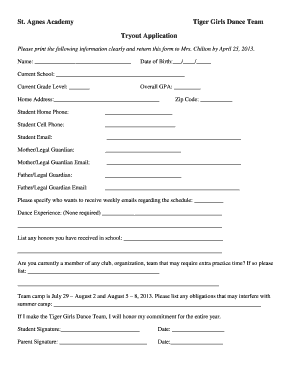 St Agnes Academy Tiger Girls Dance Team Tryout Application St Agnes  Form