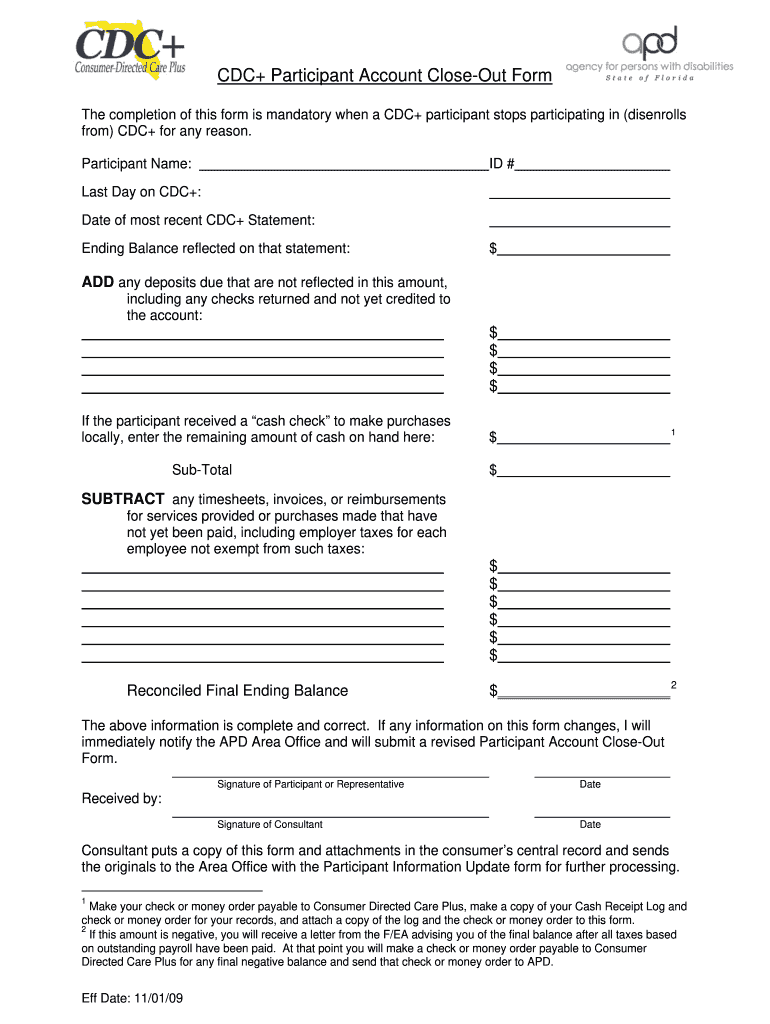  CDC Participant Account Close Out Form  APD  Apdcares 2009-2024