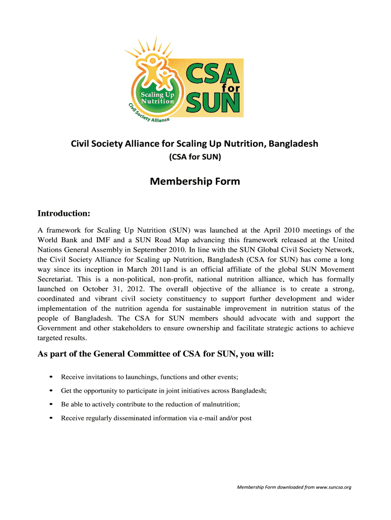 Membership Form  CSA for Scale Up Nutrition SUN, Bangladesh  Suncsa