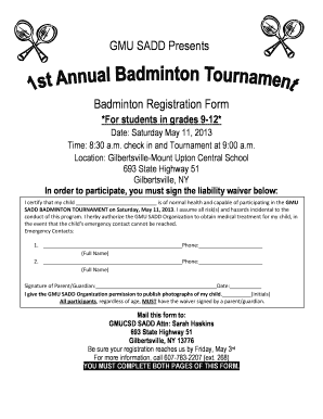 GMU SADD Presents Badminton Registration Form Gilbertsville Gmucsd