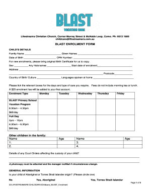 Childcare Enrolment Form Template