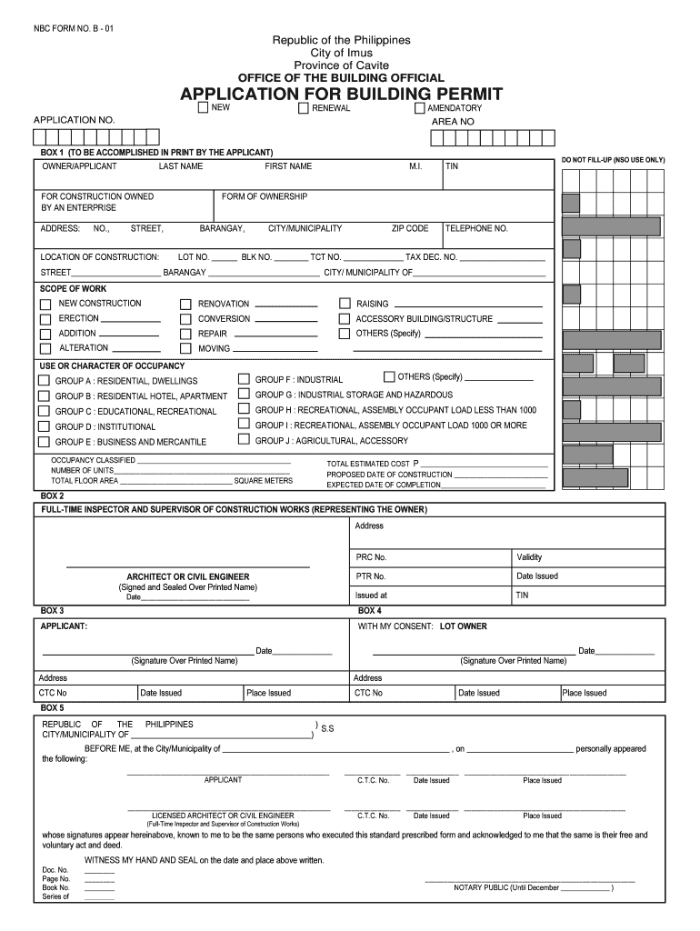 B 01 Republic of the Philippines City of Imus Province of Cavite OFFICE of the BUILDING OFFICIAL APPLICATION for BUILDING PERMIT  Form