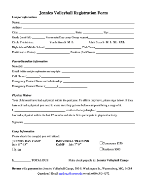  Volleyball Registration Form 2016