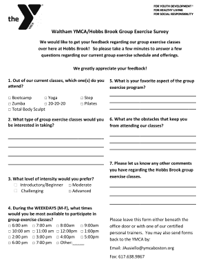 Waltham YMCAHobbs Brook Group Exercise Survey  Form