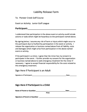Liability Release Form Pioneer Creek Golf Course