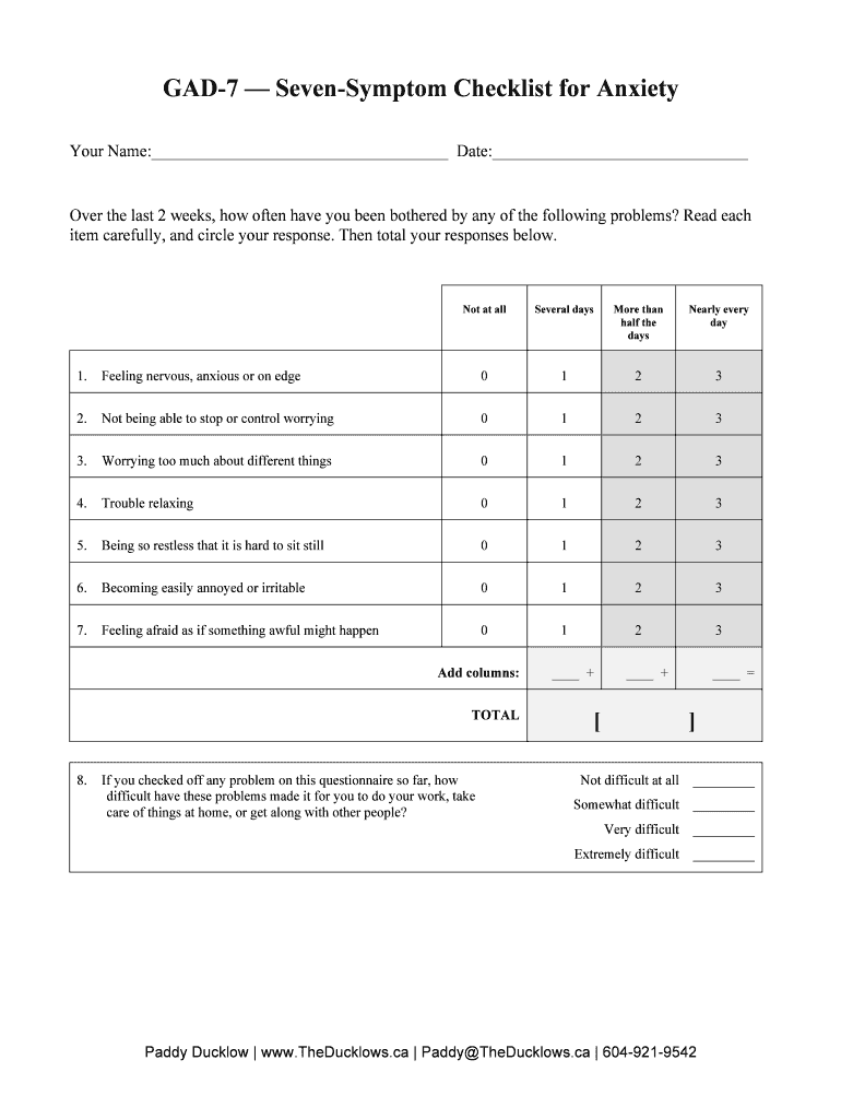 GAD 7 Seven Symptom Checklist for Anxiety Theducklows  Form