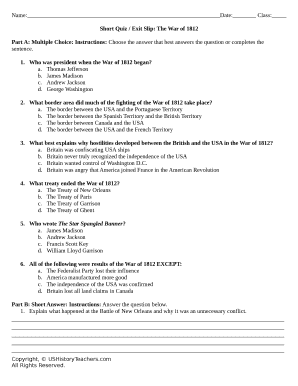 Name Date Class Short Quiz Exit Slip the War of 1812 Part a Multiple Choice Instructions Choose the Answer that Best Answers the  Form