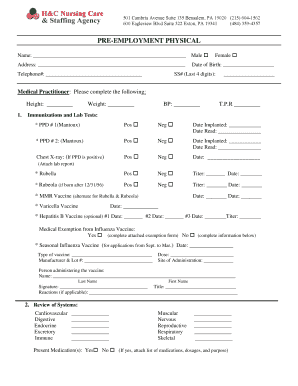  Pre Employment Physical Form 01 21 11 H&amp;C Nursing Care 2015